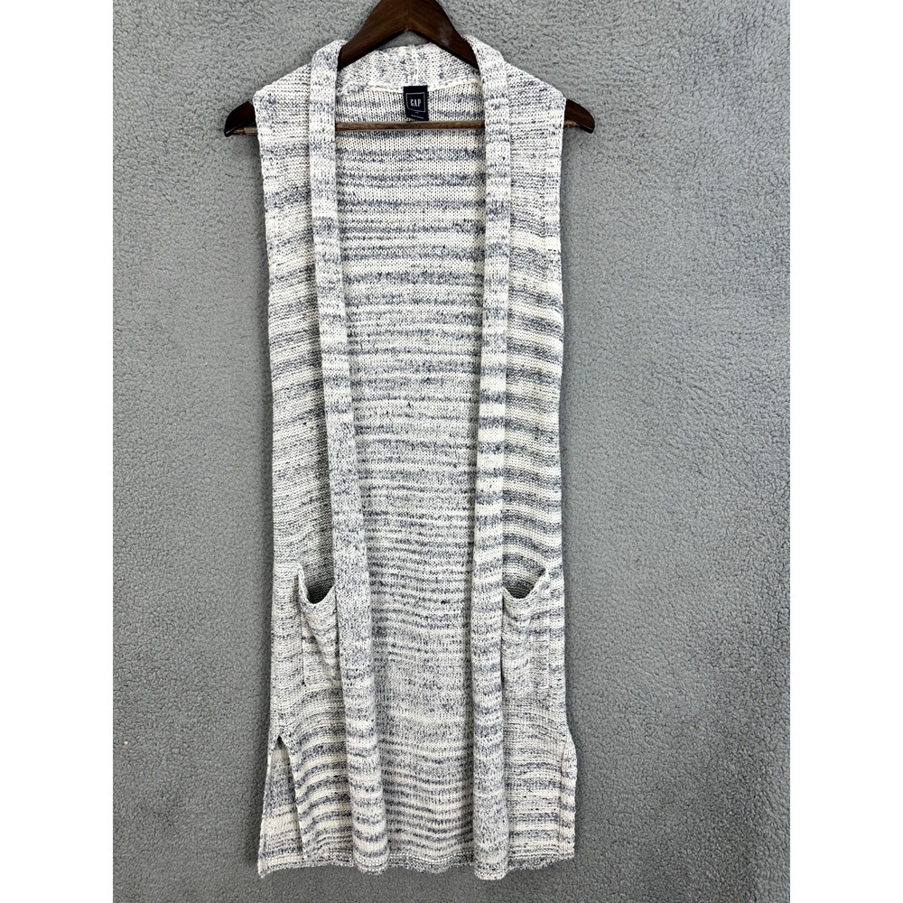 GAP Sweater Vest Womens XS Blue Striped Long Pockets Quiet luxury Minimalist